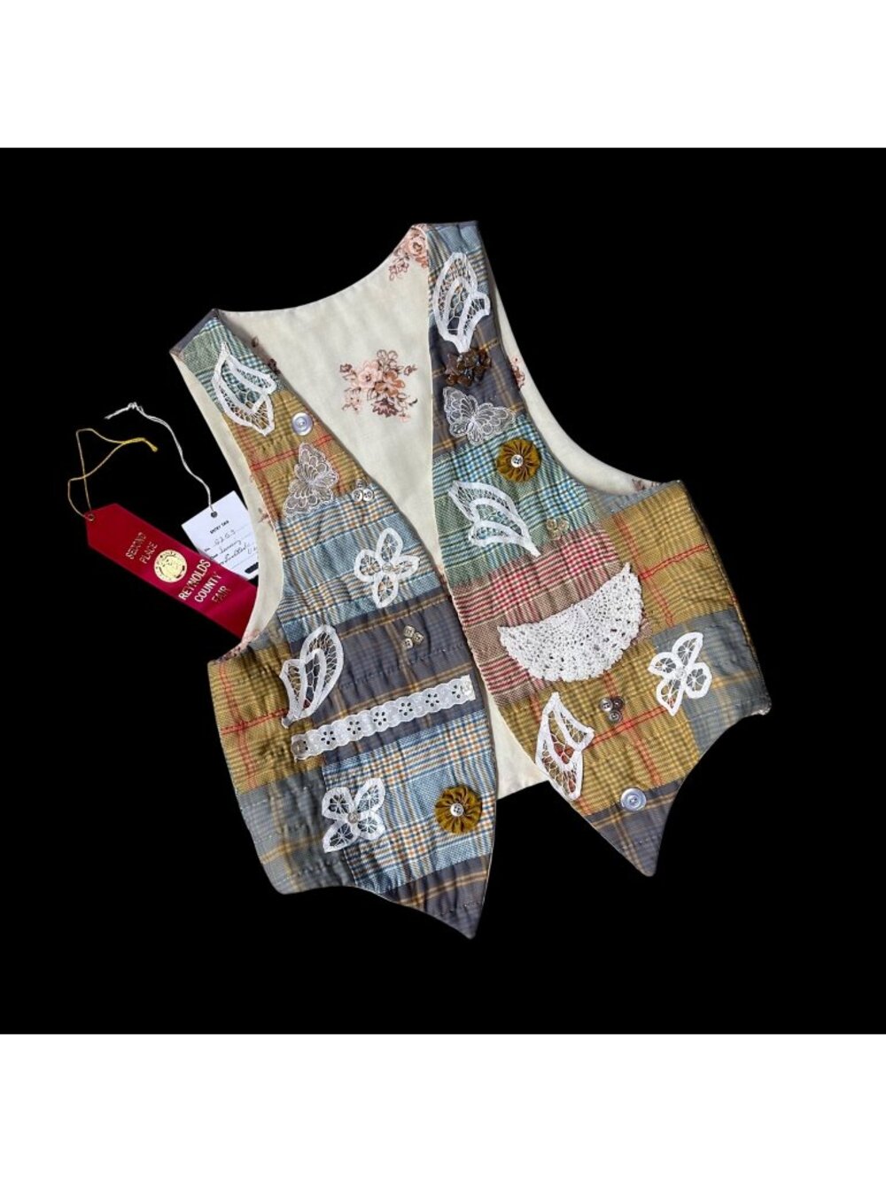 Vintage Vest Open Front Handmade Plaid Patchwork Style Cottage Granny Brooch 90s